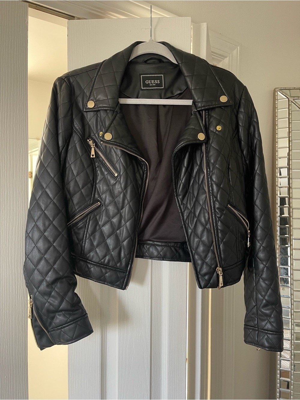 GUESS Black Quilted Moto-Style Faux Leather Jacket